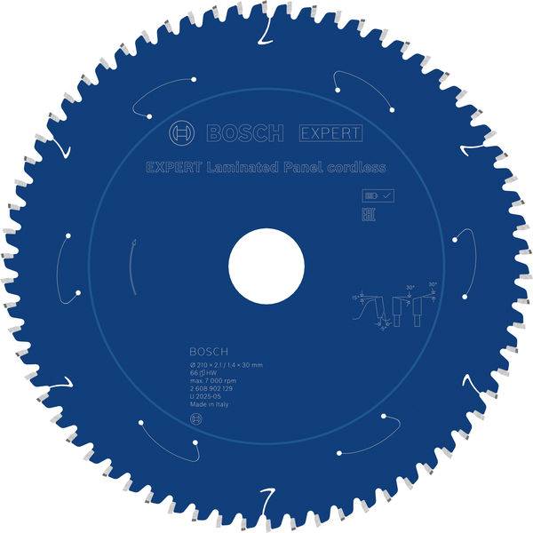Ein blaugrüner kreisförmiges Sägeblatt mit der Bezeichnung „BOSCH EXPERT