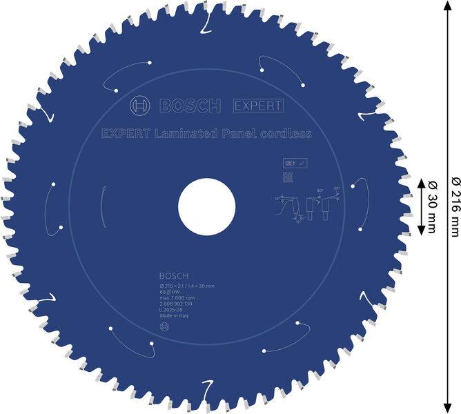 Sägeblatt für Sperrholzplatten, Bosch Expert, Durchmesser 216mm, 30mm Bohrung, blaue Farbe, mit Richtungspfeilen und Spezifikationen.