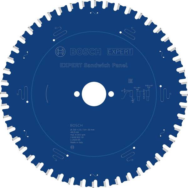 Ein blauer kreisförmiges Sägeblatt mit der Bezeichnung „Bosch Expert Sandwich Panel