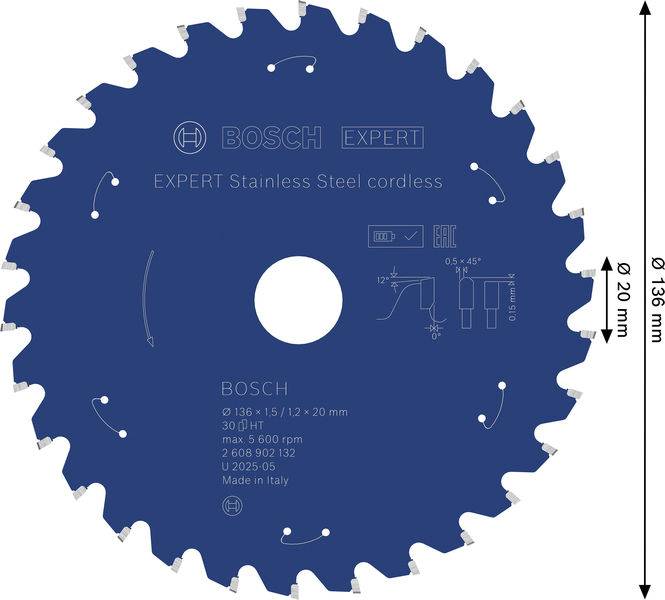 Kreissägeblatt mit Bezeichnung "BOSCH Expert", für Edelstahl geeignet, Durchmesser 136mm, Bohrung 20mm, blaue Farbe mit technischen Spezifikationen.