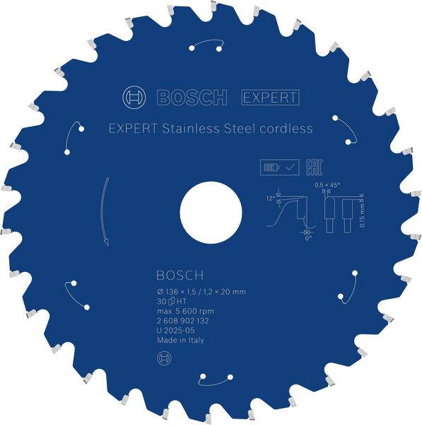 Kreissägeblatt mit der Bezeichnung "Bosch Expert Edelstahl schnurlos" mit technischen Spezifikationen und Produktinformationen.