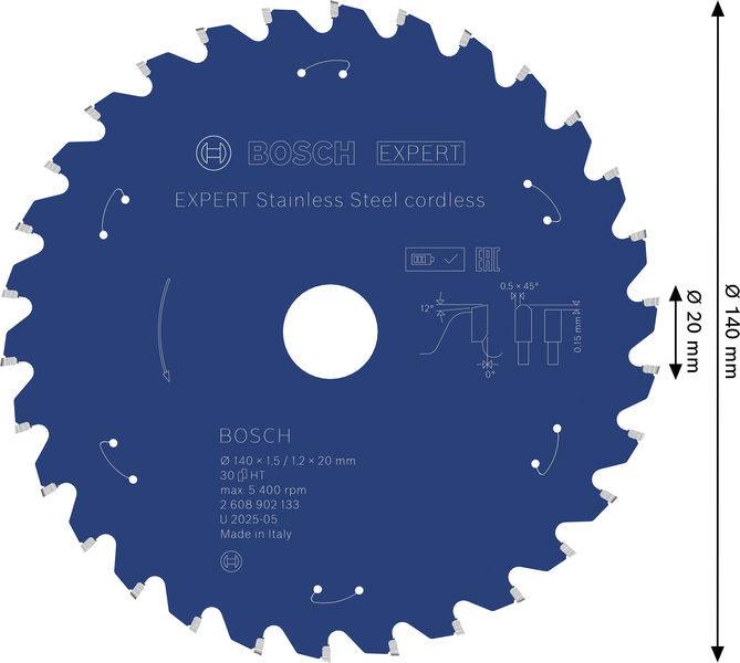 'Bosch Expert' Kreissägeblatt, entwickelt zum kabellosen Schneiden von Edelstahl. Durchmesser: 140 mm, Dicke: 1,5 mm. Hergestellt in Italien.