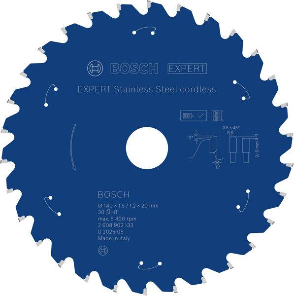 Ein blaues kreisförmiges Sägeblatt mit der Marke „Bosch Expert