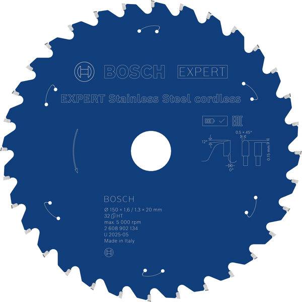 Bosch-Sägeblatt für Edelstahl-Schneiden mit Akku; 150x1,6x20mm. Max. 5000 U/min. Modell: U2305-105. Hergestellt in Italien.