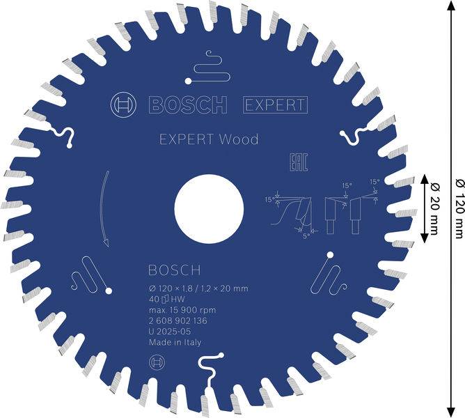 Kreissägeblatt für Holz mit blauer Oberfläche, mit der Bezeichnung „BOSCH EXPERT
