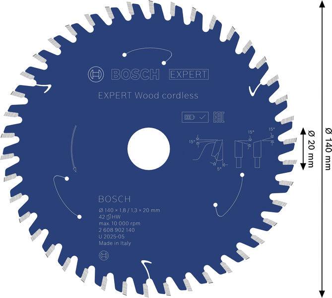 Ein blaues kreisrundes Sägeblatt mit der Bezeichnung „BOSCH EXPERT Holz Akku