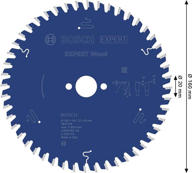 Sägeblatt mit der Bezeichnung BOSCH Expert Wood, Durchmesser 160 mm, zum Schneiden von Holz, mit Piktogrammen für Rotationsanweisungen und Spezifikationen.