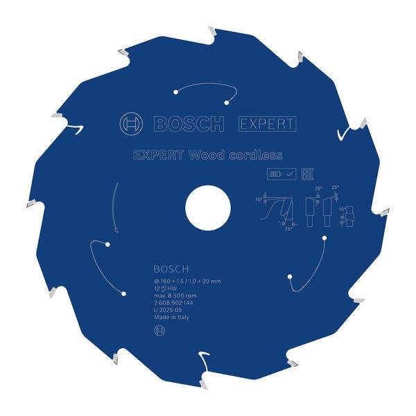 „Bosch Expert Holzsägeblatt für kabellose Sägen, runde Form, blaue Farbe, zum Schneiden von Holz ausgelegt, mit effizienten Zähnen.