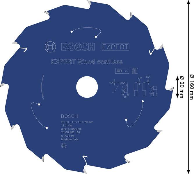 Ein blau gefärbtes rundes Sägeblatt mit der Bezeichnung „EXPERT Wood cordless