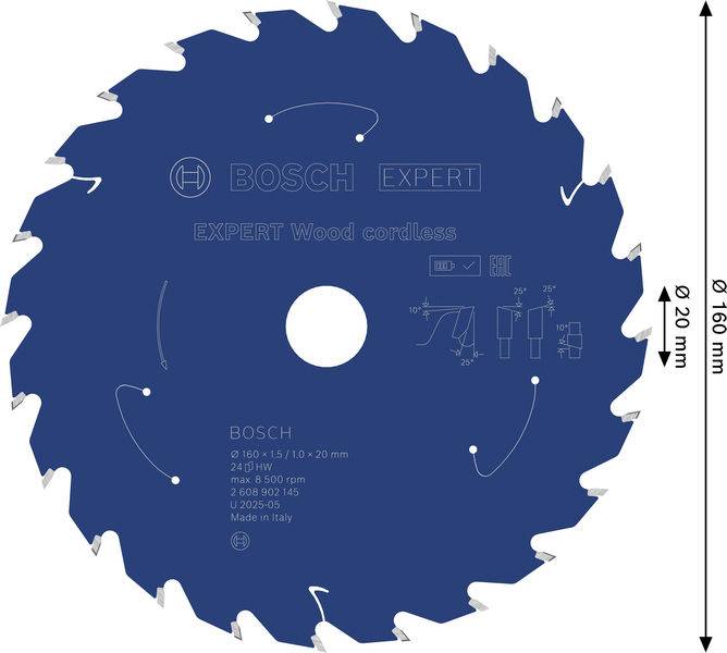 Sägeblatt mit der Bezeichnung 'BOSCH EXPERT Wood cordless', mit Abmessungen von 160 x 20 mm, entwickelt für kabellose Werkzeuge, hergestellt in Italien.
