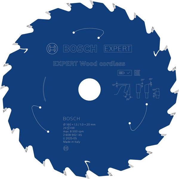 Ein Kreissägeblatt mit der Aufschrift „BOSCH EXPERT Wood cordless