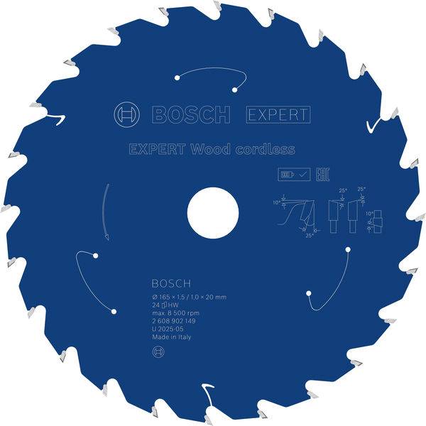 Ein blaues rundes Sägeblatt mit der Bezeichnung „BOSCH EXPERT Holz Akku