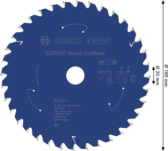 Ein Kreissägeblatt mit der Bezeichnung 'BOSCH EXPERT Holz Akku,' mit angegebenen Spezifikationen und Abmessungen für den Holzbearbeitungseinsatz.