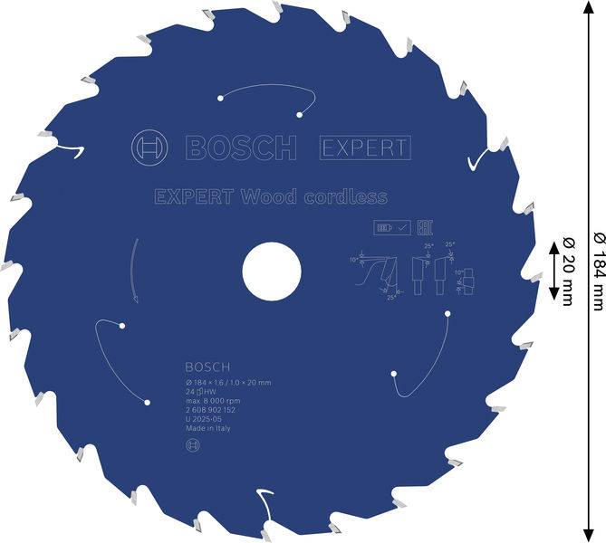 Ein blaues Bosch Kreissägeblatt mit der Bezeichnung „EXPERT Wood cordless