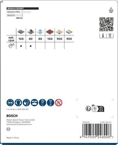 Bosch Expert Schleifblatt-Paket mit optimalen Drehzahlbereichen: 80, 160, 900, 1600 für verschiedene Materialien; Warnsymbole enthalten.