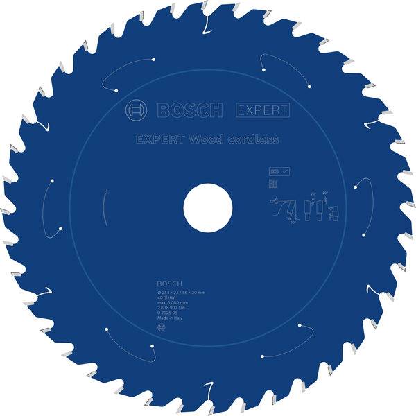 Ein Kreissägeblatt mit scharfen Zähnen mit dem Text „Bosch Expert Wood Cordless