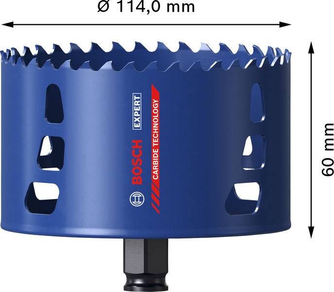 'Bosch Expert' Lochsäge mit blauer Hartmetall-Technologie mit einem Durchmesser von 114,0 mm und einer Höhe von 60 mm.