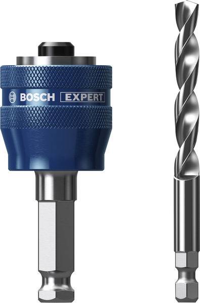 Blauer Bosch Expert Bohrspitzenhalter neben einem Metallbohraufsatz.