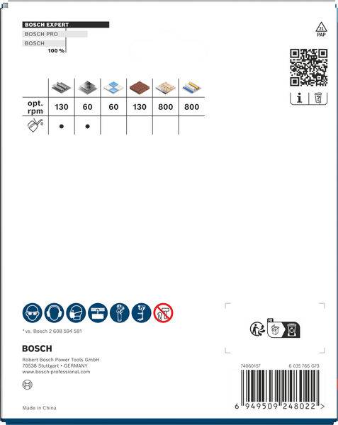 # Übersetzung:'Bosch Expert'-Verpackung auf der Rückseite mit Drehzahloptionen und Symbolen für verschiedene Materialkompatibilitäten; enthält Bosch-Markierungsdetails.