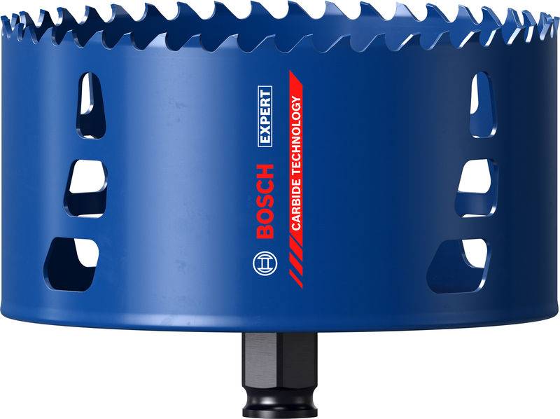 Eine blaue Bosch-Hartmetall-Technologie-Lochsäge mit gezahnten Kanten, entwickelt zum Schneiden, mit Markenlogo und Expertenetikett.