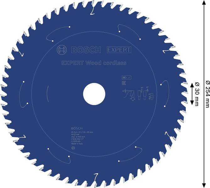 Ein Kreissägeblatt mit 'BOSCH EXPERT Holz 305x30x2,4 mm/96T' zum Schneiden von Holz, das die Rotationsrichtung und das Zahndesign zeigt.