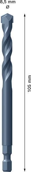 Ein blauer, langer Bohrer mit Spiraldesign, 105 mm lang und 8,5 mm Durchmesser.