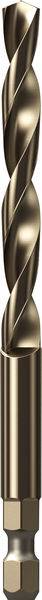 Ein glänzender goldener Bohrer mit einer spiralförmigen Spitze und einer sechskantigen Basis, die zur Befestigung an einem Bohrer konzipiert ist.