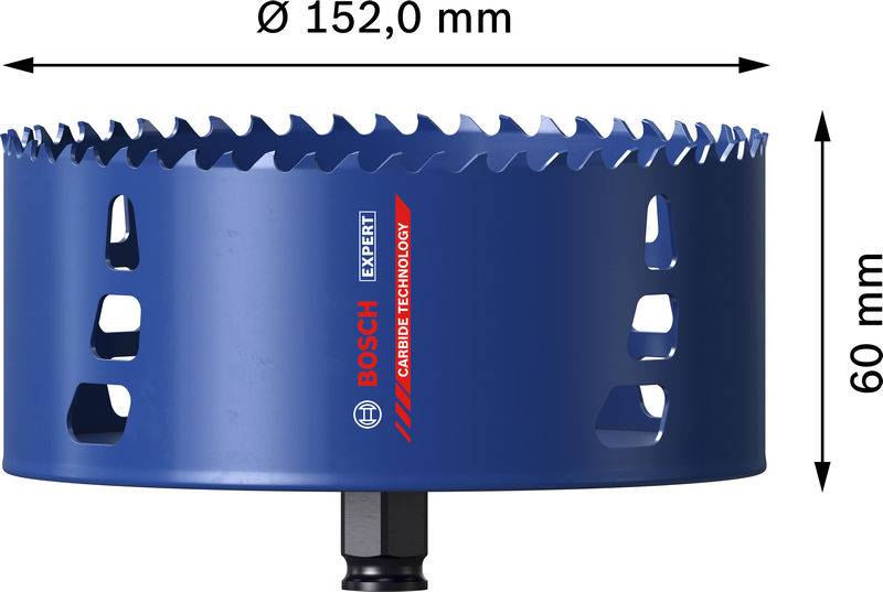 Ein blauloches Bosch-Lochsägeblatt mit einem Durchmesser von 152,0 mm und einer Höhe von 60 mm, mit Hartmetalltechnologie und Belüftungsnuten.