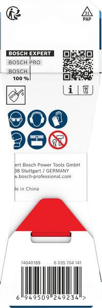 Rückseite einer Bosch-Werkzeugverpackung mit QR-Code, Sicherheitssymbolen und Kontaktinformationen. Hergestellt in China.