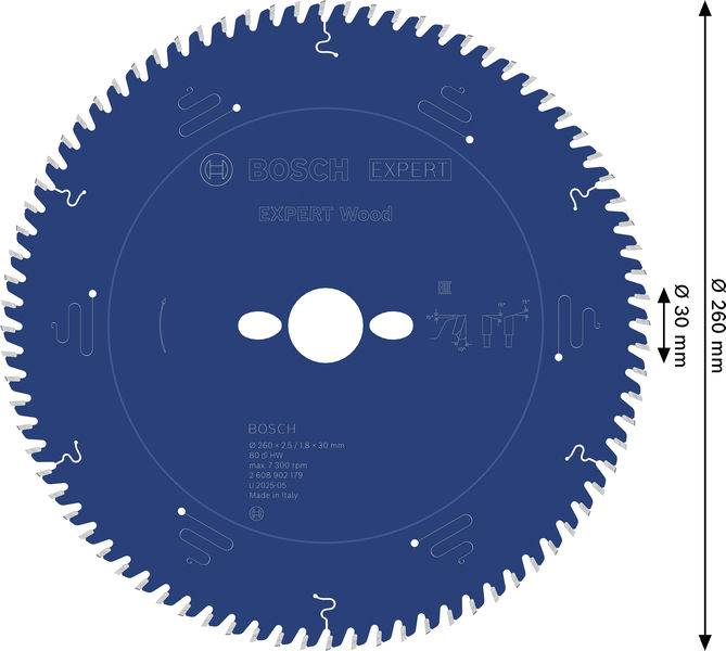 Kreissägeblatt für Holz von Bosch, Modell Expert, Durchmesser 216 mm, Bohrungsgröße 30 mm, Schnittbreite 2,8 mm, 60 Zähne, blaues Kreisdesign.