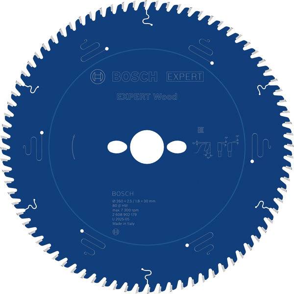 Ein blauer kreisförmiger Sägeblatt mit der Bezeichnung „BOSCH EXPERT Wood