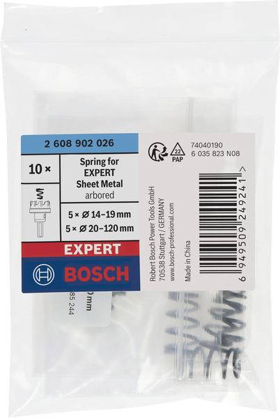Packung Bosch Expert Federn für Bleche, enthält zehn Stück, 5 mit einem Durchmesser von 14-19 mm und 5 mit 20-120 mm.