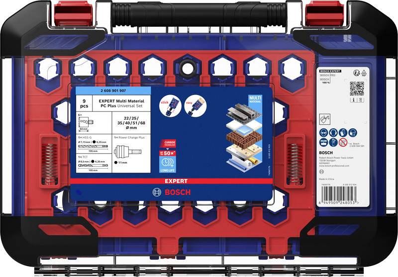 BOSCH Expert Multi Material Drill Bit Set' Verpackung mit angeordneten Bohrern in einem rot-blauen Koffer, geeignet für mehrere Materialien.