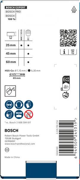 Bosch Expert Bohrerspitzenverpackung mit Produktdetails, Größen (25mm, 40mm, 65mm), Verwendungssymbole, QR-Code und Unternehmenskontaktinformationen.