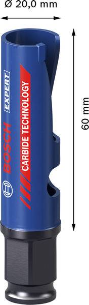 „Durchmesser 20,0 mm, Länge 60 mm Bosch Expert Hartmetall-Technologie Lochsäge; blaues zylindrisches Design mit Messskalen.