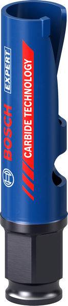 Eine blaue Bosch Expert-Lochsäge mit der Aufschrift „Carbide Technology
