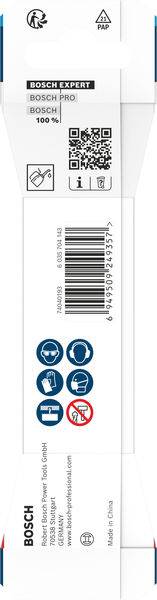 Eine Tabelle auf der Verpackung von Bohrern zeigt die Eignung für verschiedene Materialien wie Holz, Metall und Mauerwerk. Das Bosch-Branding ist deutlich sichtbar.