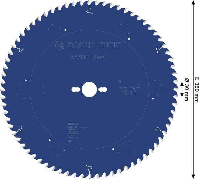Sägeblatt mit der Bezeichnung Bosch Expert für Holz, 250 mm Durchmesser. Das Blatt verfügt über zahlreiche Zähne, die für effizientes Schneiden ausgelegt sind.