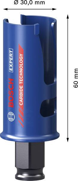 Eine blaue Bosch Expert Lochsäge mit Hartmetall-Technologie, 30,0 mm Durchmesser, 60 mm Länge, zum Bohren ausgelegt.