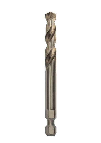 Ein Metallbohrbit mit spiralförmigem Design und sechskantigem Schaft, entworfen für präzises Bohren in verschiedenen Materialien.