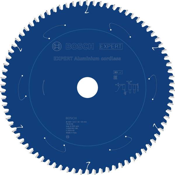 Eine blaue Sägeblatt mit der Aufschrift „BOSCH EXPERT Aluminium cordless