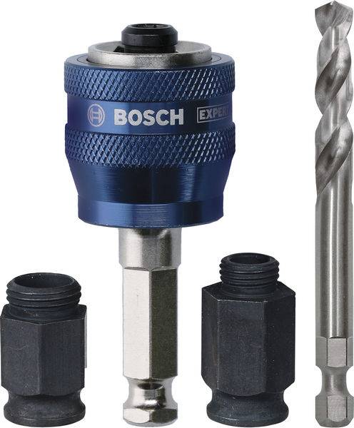 'Bosch'-Bohrersatz bestehend aus einem blauen Sechskantspannfutter, zwei schwarzen Adaptern und einem silbernen Bohrer. Geeignet zum Bohren in Metall und Holz.