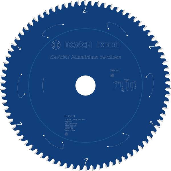 Ein Kreissägeblatt mit der Bezeichnung „BOSCH Expert Aluminium cordless