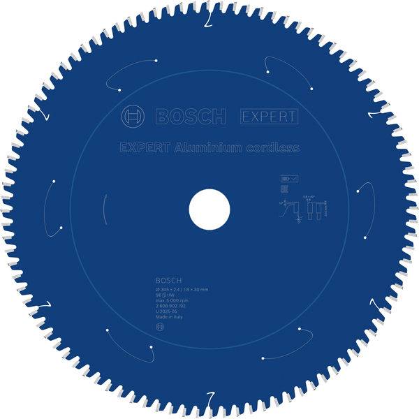 Ein blaues kreisrundes Sägeblatt mit eingeprägtem Text 