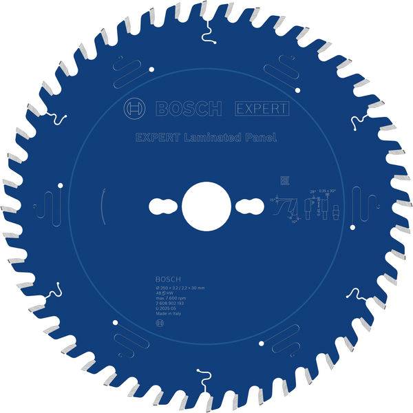 Ein blaues Bosch-Sägeblatt für Sperrholzplatten, gekennzeichnet mit „EXPERT