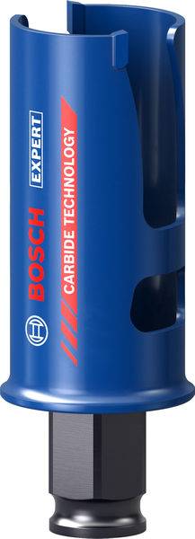 Eine blaue Bosch Expert Lochsäge mit der Aufschrift „Carbide Technology