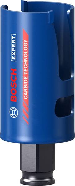 Eine blaue Bosch Expert Lochsäge mit der Aufschrift „Carbide Technology