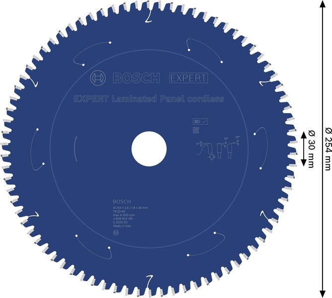 „Bosch Kreissägeblatt für Sperrholzplatten, 254 mm Durchmesser, 30 mm Bohrung, blaue Farbe, ausführlich mit technischen Spezifikationen und Symbolen dargestellt.