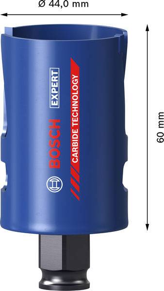 Eine blaue Bosch Expert Lochsäge mit der Bezeichnung „Carbide Technology