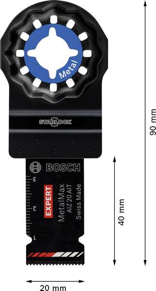 Bosch Expert Metal Max Sägeblatt, 90 mm lang, 20 mm breit, mit Starlock-Aufnahme. Entwickelt zum Schneiden von Metall, mit der Bezeichnung „Metal Max